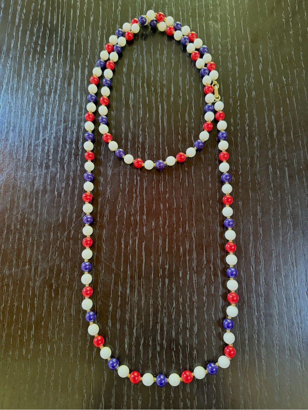 Vintage Classic Red, White + Blue Beaded Necklace with gold-tone Spacing Beads